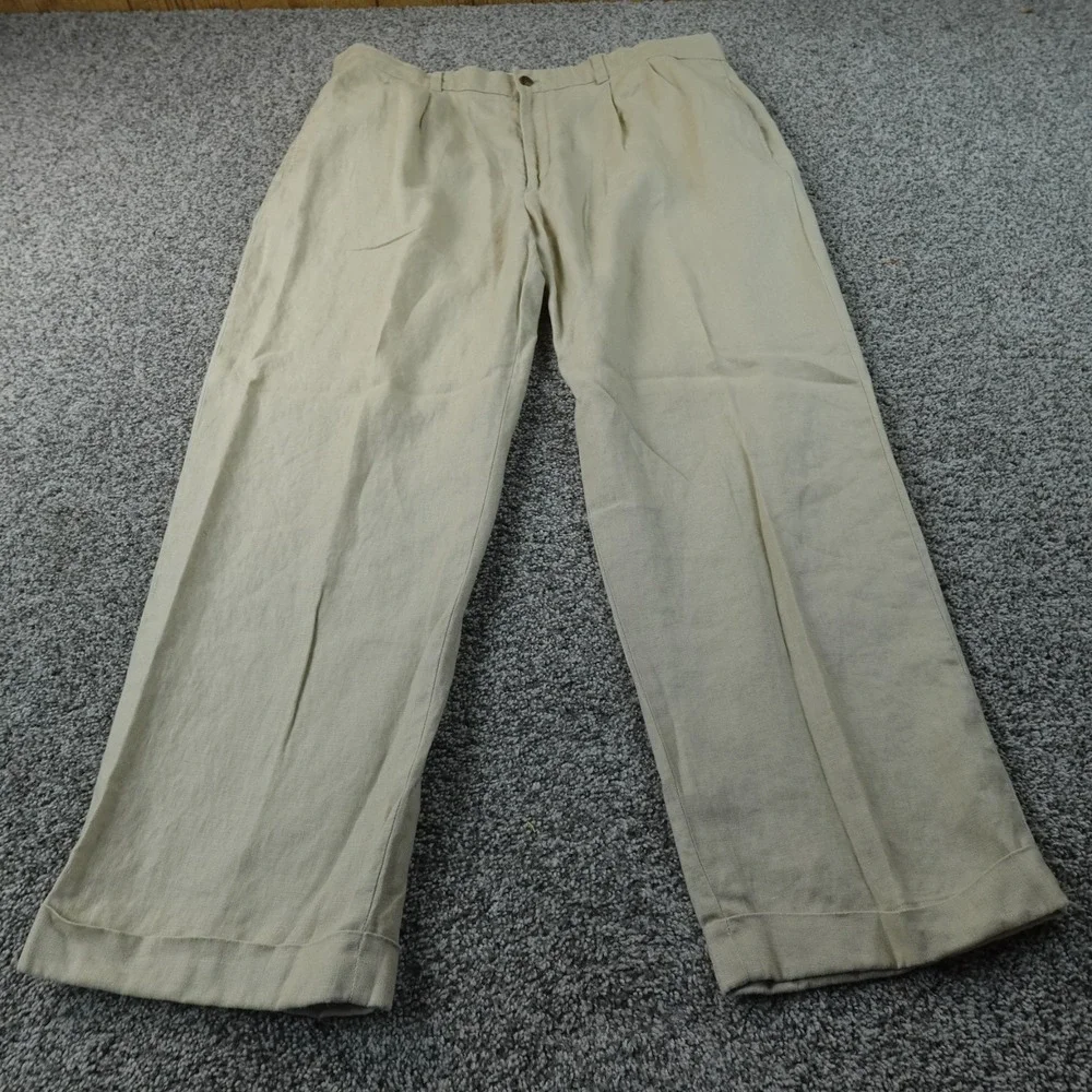 Brooks Brothers Pants Mens 40X30 Beige 346 Linen Chino Trouser Pleated Cuffed